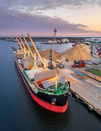 Cargo ship at industrial port loading bulk materials showcasing marine and industrial coating applications