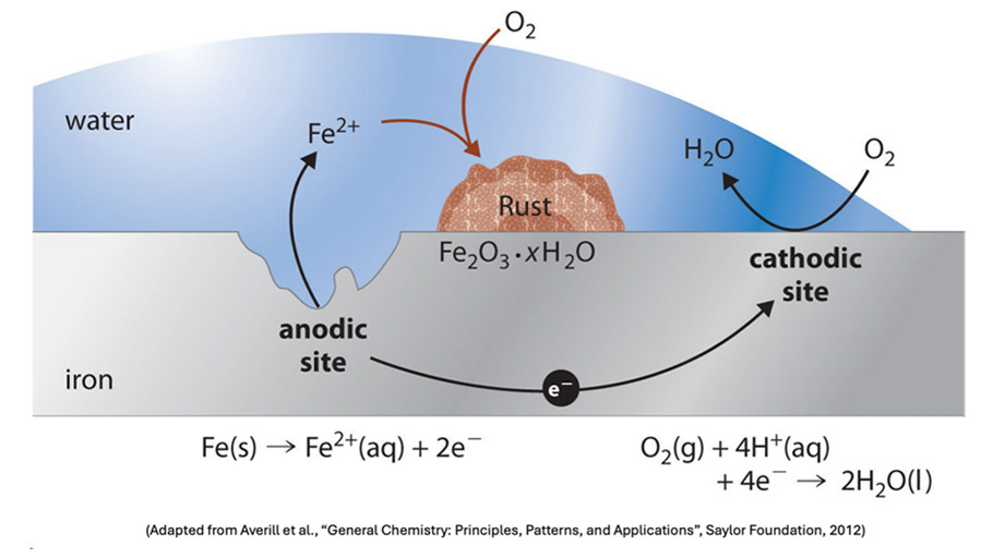 Schematic showing an electrochemical cell formed at a surface, highlighting anodic and cathodic regions, illustrating the corrosion process where metal atoms lose electrons to form rust, driven by the movement of electrons between these regions