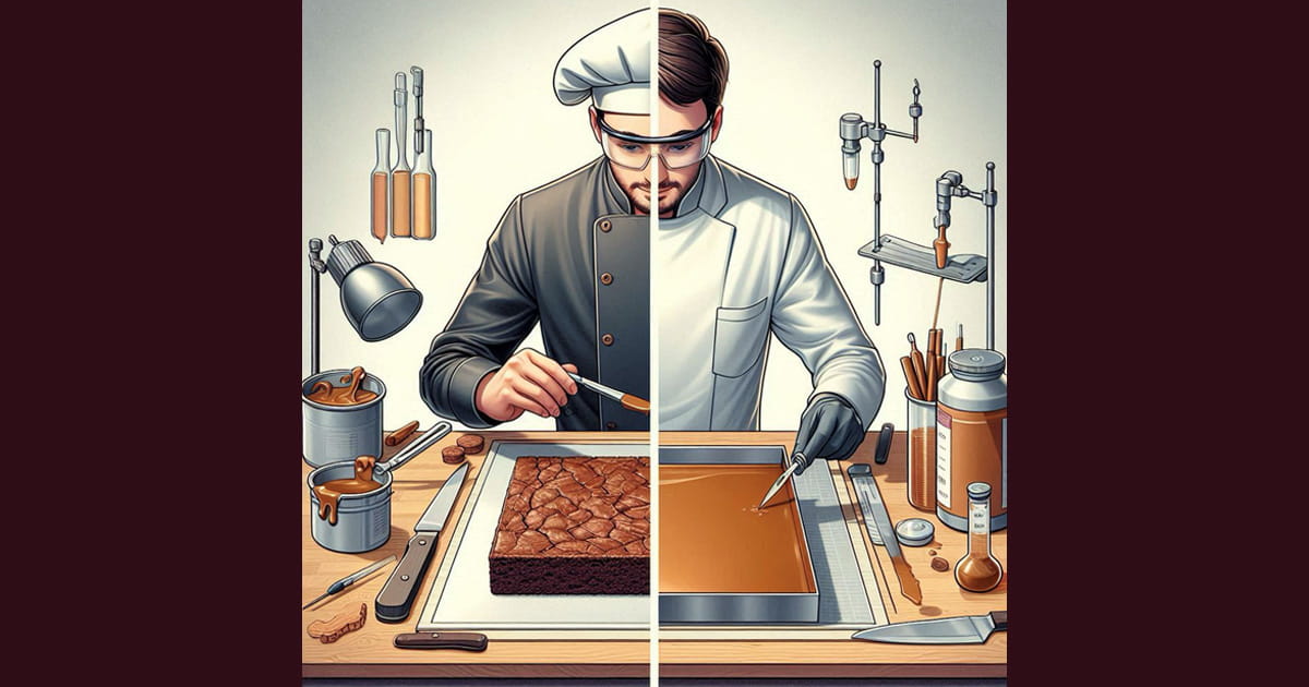 A collage illustrating the parallel processes of polymerization and baking: A scientist synthesizing a polymer and a chef baking a cake, both involving precise measurements, controlled conditions, and chemical reactions.
