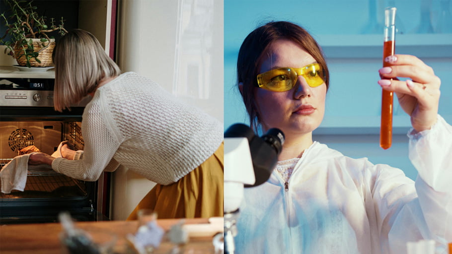 A woman checking a cake in the oven beside a scientist monitoring a chemical reaction, symbolizing precision and expertise in polymer curing